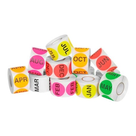 Box Packaging 2" Dia. Round 12 Months Of The Year Easy Order Labels, Assorted Colors, 12 Rolls of 500 DL1239